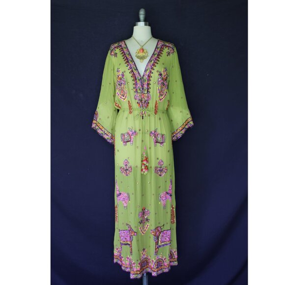 Calypso St. Barth silk Zakia beaded tunic caftan maxi dress kimono ethnic S - Picture 3 of 10
